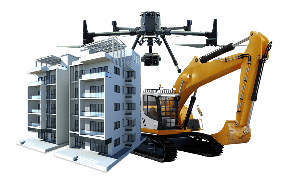 Image of a building, a drone and an excavator