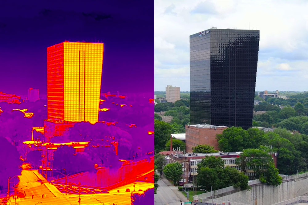 A split screen image of the Georgia Power building